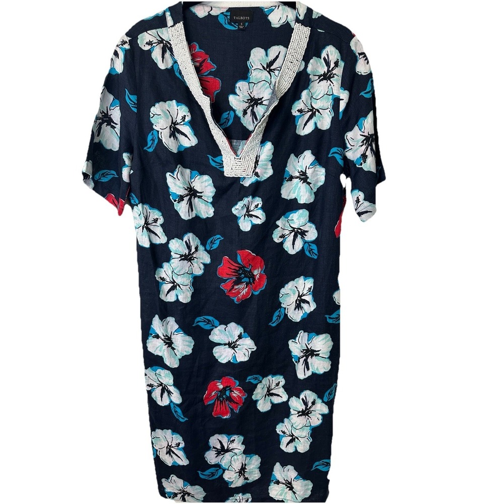TALBOTS Women's Linen Tropical Floral Tunic Dress White Beaded V-Neck Size Small